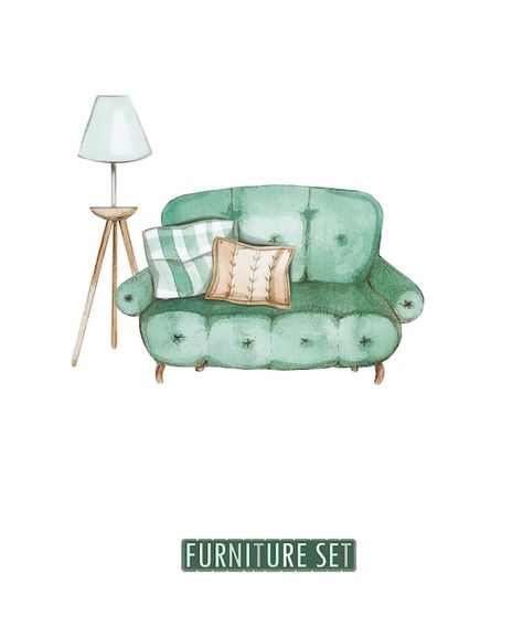 Watercolor sofa with lamp, set of vintag... | Premium Vector #Freepik #vector #vintage-mirror #mirror-frame #mirror #vintage-furniture Watercolor Mirror, Watercolor Furniture, Sofa Illustration, Sofa Drawing, Cozy Furniture, Mirror Vintage, Victorian Furniture, Frame Mirror, Lamp Set