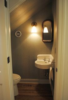 Attic bathroom - not this sink, but a sink in the corner would work nicely Powder Room Under Stairs Layout, Tiny Closet Powder Room, Closet Bathroom Tiny, Tiny Closet Bathroom, 3x5 Powder Room, Corner Sink Cloakroom, Small Corner Bathroom Sink, Tiny Corner Sink, Bathroom Under Basement Stairs