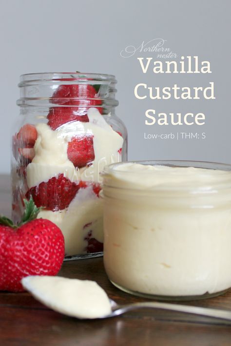 Low-carb custard sauce is the perfect alternative to whipped cream or Greek yogurt when you need a protein source for a berry-filled snack or dessert. Gluten-free and a S, this low-carb custard sauce also makes a wonderful filling for on-plan S or FP crepes, waffles, pancakes, and trifles. Personally, I like freshly sliced strawberries or...Read More » Keto Crepes Filling, Thm Crepes, Crepe Custard Filling, Vanilla Custard Sauce, Keto Custard, Trim Healthy Mama Dessert, Crepes Filling, Custard Sauce, Trim Healthy Momma