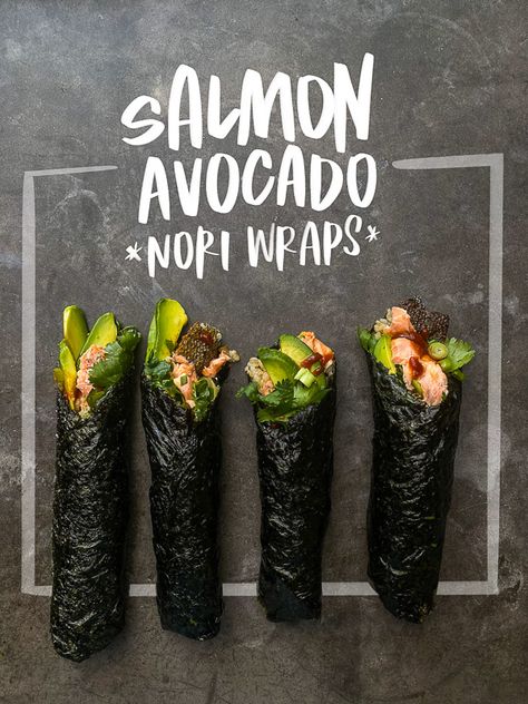 Salmon Avocado Nori Wraps - Shutterbean Nori Meals, Nori Recipes, Nori Snacks Recipe, Salmon Sushi Wrap, Nori Wraps, Nori Wraps Recipes, Tuna Salad Nori Wraps, Tuna Seaweed Wrap, Salmon Nori Wrap