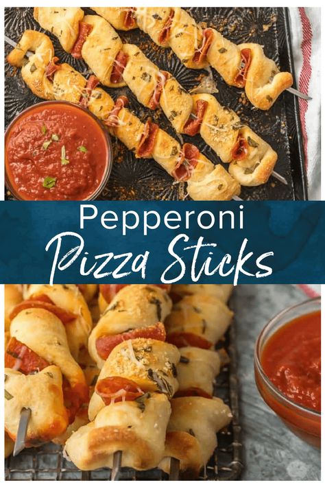 PIZZA STICKS are always a hit with both kids and adults. There's nothing quite as fun as Pizza on a Stick! We made pepperoni pizza sticks, but you can do any flavor combination! These are so fun and EASY for snacks or party appetizers! Birthday Appetizer Ideas For Adults, Fun Food For Adults, Easy Picky Foods For Party, Pizza Snacks For Kids, Hockey Game Snacks, Hockey Appetizers, Pepperoni Sticks Recipe, Pepperoni Skewers Appetizers, Pasta On A Stick