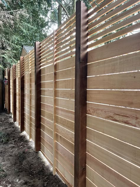 Modern Fence With Lattice, Plank Fence Ideas, Modern Farmhouse Fencing, High Fencing Ideas, Vertical Fencing Ideas, Gates For Fences, Tall Fencing Ideas, Privacy Wood Fence Ideas, 4x4 Fence Post Ideas