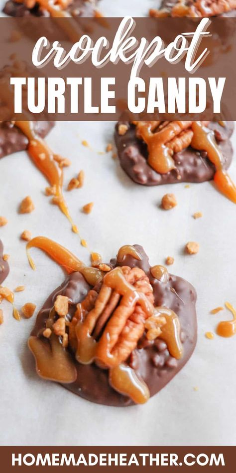 Crockpot Turtle Candy Recipe Turtle Candy Recipe, Turtle Dessert, Crockpot Candy Recipes, Turtle Candy, Nuts Recipes, Turtles Candy, Crockpot Candy, Chocolate Turtles, Creamy Caramel