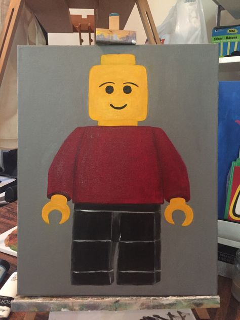 Lego Canvas Painting, Lego Man Painting, Lego Painting Ideas, Boys Painting Ideas, Figure Acrylic Painting, Lego Painting, Parking Spot Painting, Spot Painting, School Painting