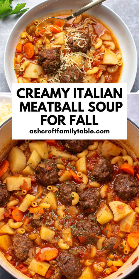 Creamy Italian meatball soup with noodles served for a fall dinner. Fall Meals Dinners Ground Beef, Creamy Italian Meatball Soup, Creamy Meatball Soup, Fall Crockpot Soup Recipes, Italian Meatball Soup Recipes, Mini Meatball Soup, Fall Soups And Stews, Meatballs Soup, Soup With Meatballs