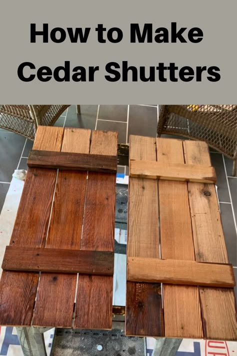 Want to make cedar shutters or build shutters from another type of wood? The exterior of our house was originally cedar board and batten. However, when we renovated, we removed the cedar siding and saved the cedar for making our cedar shutters. Let us show you how to make cedar shutters. It is actually a fairly easy project and could be completed in a weekend or two (may have to paint the second weekend). #how to #DIY #make #cedar #shutters Cedar Color Paint Exterior, Shutter Exterior Ideas, Vinyl Shutters That Look Like Wood, Staining Cedar Wood Exterior, Rustic Shutters Exterior, How To Stain Brick Exterior, Farmhouse Shutters Exterior, Stained Wood Shutters, Stained Shutters