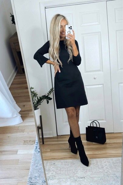 Casual Fall Black Dress Outfit, Dress And Boots Office Outfit, Sock Boots Outfit Dress, Black Booties Outfit Work, Black Dress With Boots Outfit, Work Outfit With Boots, Black Dress With Tights And Boots, Black Ankle Boots Outfit Dressy, Dress And Ankle Boots Outfit