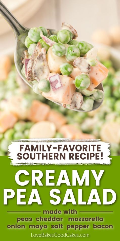 Creamy Pea Salad Peas Salad Recipes, Precooked Bacon, Creamy Pea Salad, Savory Potato Salad, Pea Salad With Bacon, Potluck Salad, Pea Salad Recipes, Creamy Peas, Chopped Salad Recipes