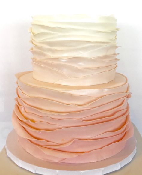 Wave Cake, Pink Ombre Cake, 2 Tier Wedding Cakes, Fondant Ruffles, Bautizo Ideas, Ruffle Wedding Cake, Wedding Cake Ombre, Ribbon Cake