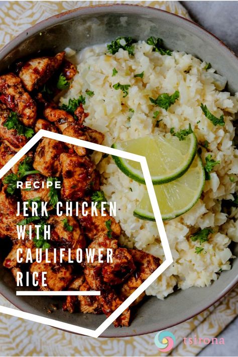 With all of the flavor in this jerk chicken, you won't even notice that you're getting a hearty helping of fiber and veggies with the cauliflower rice! Chicken With Cauliflower Rice, Chicken With Cauliflower, Jerk Chicken Recipe, Chicken Cauliflower, Dried Thyme, Jerk Chicken, Chicken And Rice, Healthy Eating Habits, Cauliflower Rice