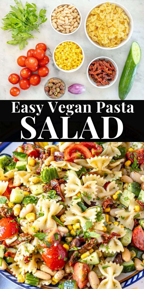 Our vegan pasta salad combines fresh and crunchy vegetables with chewy pasta and a tangy Italian dressing.Making it is easy, and you only need simple ingredients. The combination of textures and flavors is spot on. Cold Pasta Salad Recipes Healthy, Easy Cold Pasta, Bean Salad Recipes Easy, Easy Vegan Pasta, Creamy White Beans, Mediterranean Pasta Salad, Delicious Pasta Salad, Healthy Pasta Salad Recipes, Summer Pasta Salad Recipes