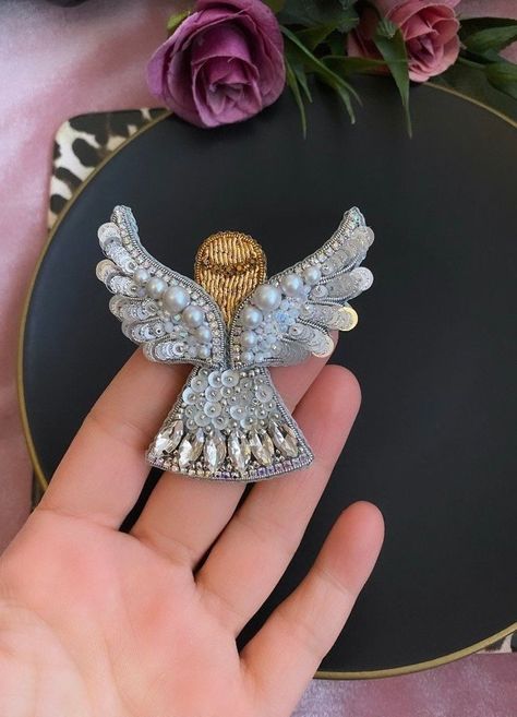 Christian Angel, Angel Pins, Wings Jewelry, Sequin Crafts, Beaded Angels, Angel Brooch, Angel Pin, Handmade Angels, Brooch Diy