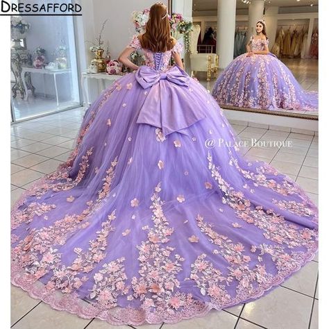 Lilac Quinceanera Dresses Princess Purple Sweetheart Appliques Lace 3D Flowers Big Bow Ball Gown