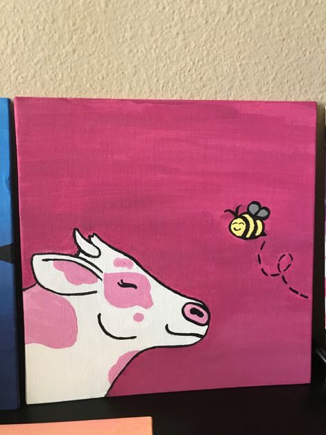 Bee Painting Simple, Cute Cow Painting, Dorm Paintings, تزيين دفاتر, Record Ideas, Easy Paintings For Beginners, Cute Easy Paintings, Painting Stuff, Bee Painting