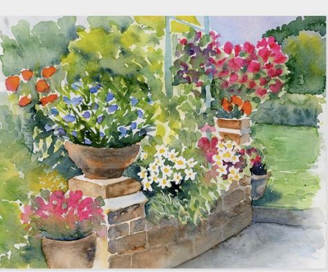 Garden Scene Painting, Watercolour Garden Paintings, Garden Watercolour Painting, Watercolor Flower Garden, Watercolor Garden Paintings, Watercolor Geraniums, Painting Of Garden, Watercolour Garden, Countryside Garden