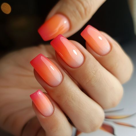 coral-nails Ombre Nails Coral, Coral French Tip Nails, Hot Coral Nails, Coral Nail Ideas, Coral Ombre Nails, Bright Coral Nails, Coral Nail Art, Power Nails, Neon Coral Nails