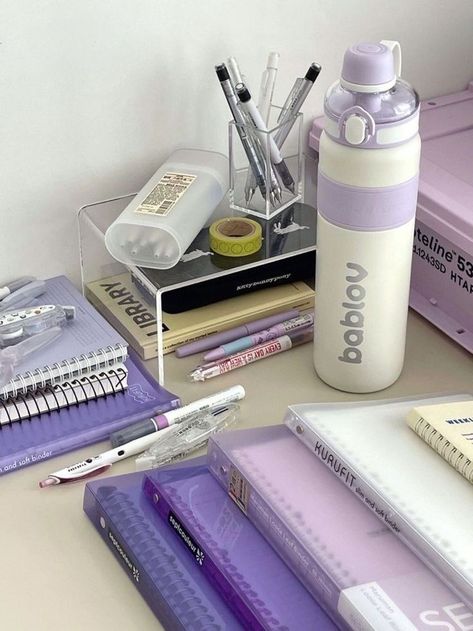 Purple Stationary, Light Purple Aesthetic, Purple Notes, Purple Desk, Pretty School Supplies, Cute Stationary School Supplies, Cute School Stationary, Aesthetic Skincare, Purple Vibe