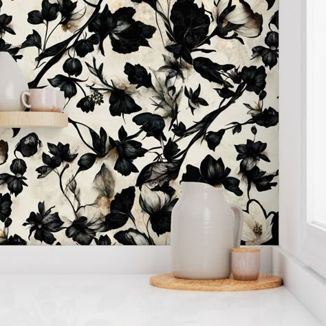 Witchy-Florals-Pattern* Wallpaper | Spoonflower Black Room With Wallpaper, Modern Minimalist Wallpaper, Normal Home Decor, Retro Wallpaper Bathroom, Subtle Gothic Decor, Large Print Wallpaper Accent Wall, Gothic Vintage Decor, Witchy Living Room Aesthetic, Old House Aesthetic Dark