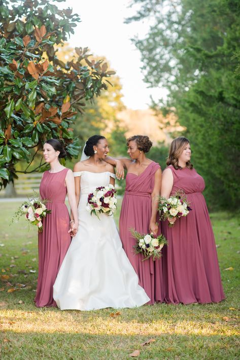 Bride With Three Bridesmaids, Three Bridesmaids Pictures, Groomsmen In Tuxedos, Three Bridesmaids, Autumn Celebration, Unusual Dresses, Bridesmaid Pictures, Colored Wedding Dress, Ceremony Photos