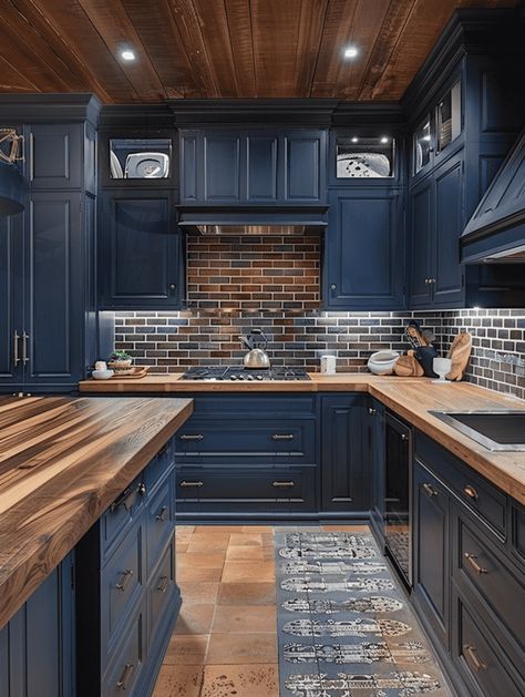 Rustic Blue Kitchen: Mixing Brown and Modern Elements Dark Blue Wood Kitchen, Blue Kitchen Cabinets Color Schemes, Blue Kitchen Wood Countertop, Rustic Kitchen Blue Cabinets, Blue Island Brown Cabinets, Navy Rustic Kitchen, Colonial Style Kitchen Cabinets, Blue Craftsman Kitchen, Navy Blue Cabinets With Butcher Block