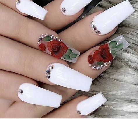 I love this so much, rose print on first nail and white with diamonds every other nail !❤️🥺 Quinceanera Nails, Fall Acrylic, Cute Nail Art Designs, White Acrylic Nails, Rose Nails, Luxury Nails, Christmas Nail, Coffin Nails Designs, Fire Nails