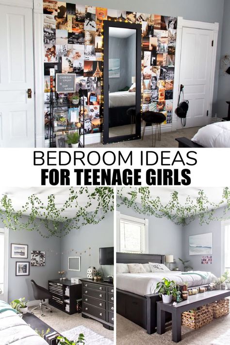 Bedroom ideas for teenage girls including a wall collage, DIY standing mirror and art and interior design cabinet. Feature Wall Ideas Teenage Bedroom, Diy Mirror Wall Bedroom Ideas, Picture Wall Teenage Room, Black Walls Teenage Bedroom, Teen Posters Wall Bedroom Ideas, Teenage Collage Wall, Wall Collage Diy, Diy Standing Mirror, Teenage Bedroom Poster Wall