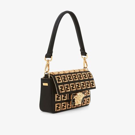 Brooch mini baguette - Fendace Black leather bag with gold FF motif | Fendi Mini Baguette, Fendi Logo Design, Fendi Store, Fendi Logo, Black Leather Bag, Fendi Baguette, Baguette Bag, Exclusive Gift, Black Leather Bags