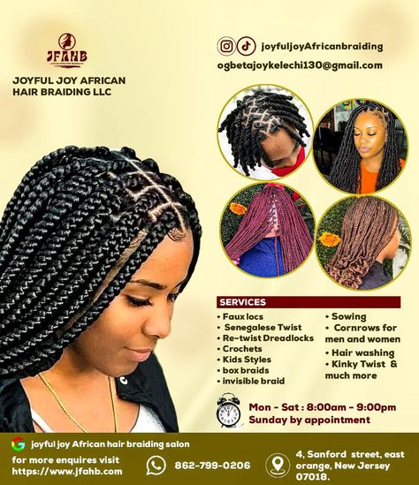 "Introducing Joyful Joy African Hair Braiding Salon, where beauty meets tradition! Located in the heart of New Jersey, our salon offers exquisite hair braiding services that celebrate the rich heritage of African hair styling. As a graphic designer, I had the pleasure of creating our latest flyer, which captures the essence of our salon's vibrant and welcoming atmosphere. Come visit us and experience the joy of beautiful braids at Joyful Joy African Hair Braiding Salon!"@marvellous5722 #Graph... Salon Flyer Design, African Hair Salon, Hair Salon Flyer, Hair Braiding Salon, African Hair Braiding, Salon Offers, African Hair, Beautiful Braids, Hair Braiding