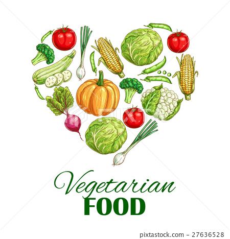 Vegetarian food heart poster of sketch vegetables Vegetarian Drawing, Vegetarian Illustration, Vegetarian Poster, Healthy Food Poster, Vegetarian Quotes, Corn Zucchini, Cauliflower And Broccoli, Shape Of Heart, Organic Recipes Healthy