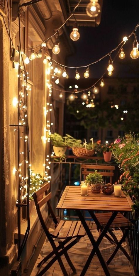 Small Apartment Balcony Ideas, Cozy Window Seat, Terrace Furniture, Apartment Balcony Ideas, Balcony Lighting, Outdoor Fairy Lights, Dorm Art, Deco Studio, Porch And Balcony