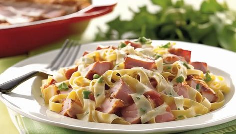 HAM FETTUCCINE BAKE - MarketGrow.com Fettuccini Bake, Ham And Alfredo Pasta, Ham Fettucini Alfredo, Ham Carbonara Recipe, Ham And Bowtie Pasta Casserole, Ham Pasta Casserole Recipes, Ham Carbonara, Ham Pasta Casserole, Ham Alfredo