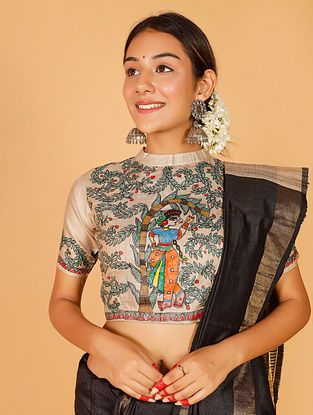 Madhubani Border, Hand Painted Blouse, Painted Blouse, Cotton Blouse Online, Blouse Back Neck Designs, Silk Blouses, Blouse Measurement, Readymade Saree, Half Sleeve Blouse