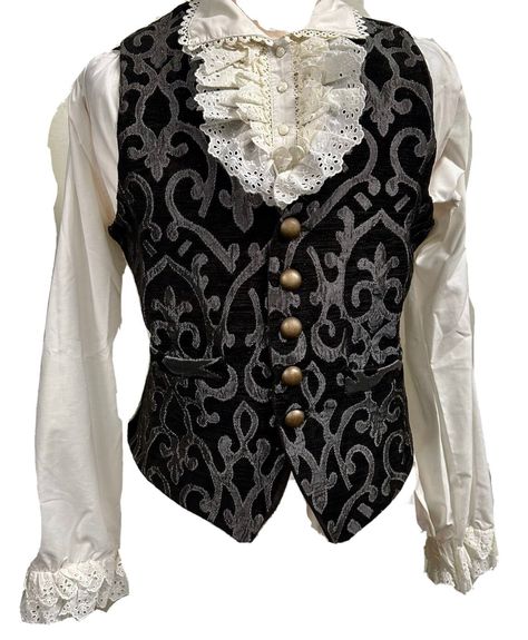 2 pcs Steampunk Victorian Gothic Period Costume  Pirate Shirt and regal Waistcoat Vest Vampire Mens Renaissance  42 "chest  1. This is a vintage design tapestry  waistcoat Vest. Fully lined and well presented Fits upto a 42 chest fitted  2. Off white cotton Pirate Gothic Shirt with Ruffled front and cuff. oversized. Thanks for looking Steampunk Shirts For Men, Vampire Fits Men, Vampire Aesthetic Men Clothes, Victorian Gothic Men, Victorian Mens Fashion Gothic, Vampiric Clothing, Masculine Vampire Outfit, 1800s Gothic Fashion, Vampire Outfits Men