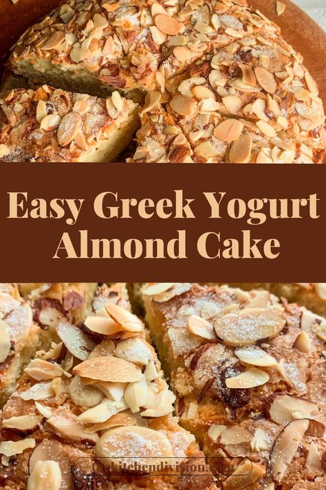 This scrumptious Easy Greek Yogurt Almond Cake is a moist, tender masterpiece scented with fragrant almonds and topped with a crunchy, nutty topping. Greek yogurt is the secret to keeping the cake rich and soft, and it's the perfect treat for afternoon tea or a sweet weekend brunch cake. Check out the full recipe and tips in the link! Cakes Made With Yogurt, Cake Recipes Using Greek Yogurt, Almond Yogurt Cake, Apple Yogurt Cake Recipe, Greek Yogurt Apple Cake, Greek Desserts Easy, Healthy Apple Cake Recipes Greek Yogurt, Easy Almond Cake, Easy Almond Cake Recipe