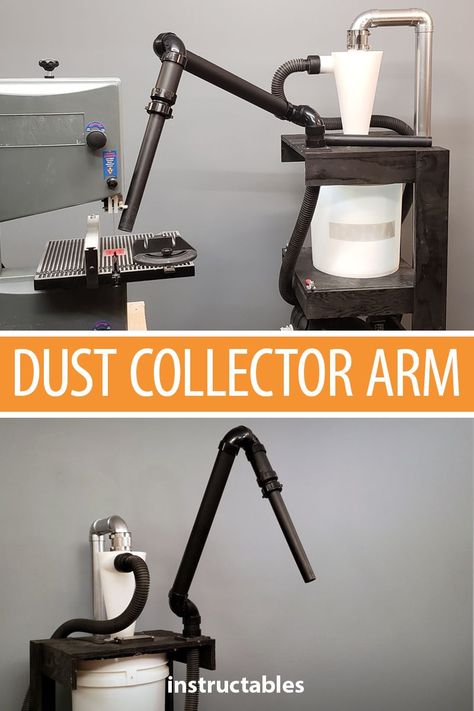 Add a dust collector arm to a dust collector cart to keep your workspace clean. #workshop #woodworking #woodshop #cleaning #shopvac #cyclone Shop Layout Ideas, Woodwork Shop, Shop Dust Collection, Dust Collection System, Woodworking Shop Layout, Shop Vac, Diy Workshop, Shop Layout, Dust Collector