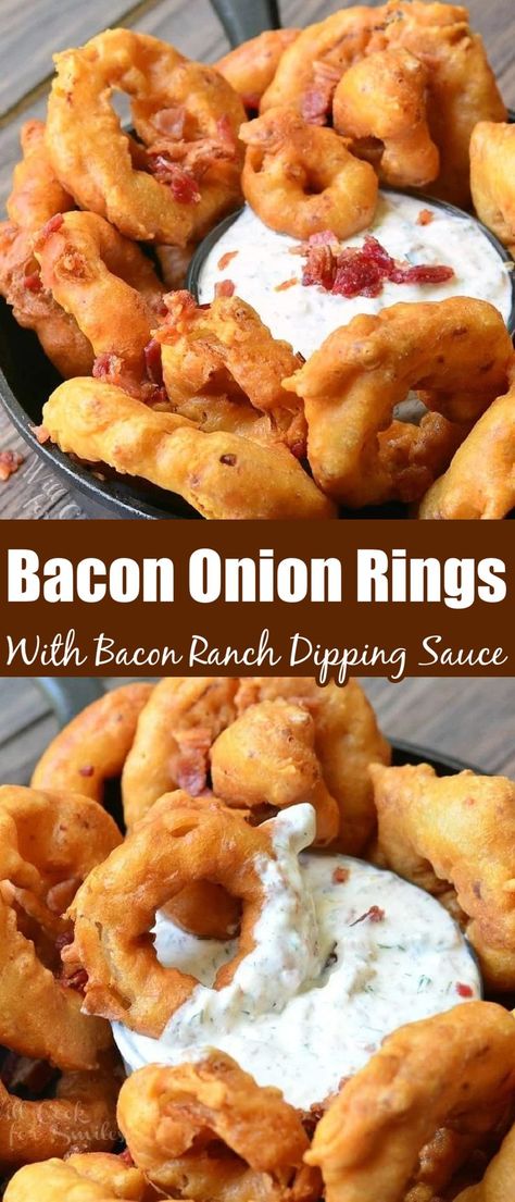 You won’t be able to get enough of these crunchy, sinful onion rings! This fabulous appetizer is made with bacon bits mixed right into the batter and paired with easy, homemade bacon ranch dip. Chicken Bacon Ranch Rings, Chicken Ranch Bacon Onion Rings, Cheesy Bacon Onion Rings Keto, Battered Bacon, Homemade Onion Rings Batter, Batter For Onion Rings, Bacon Onion Rings, Bacon Wrapped Onion Rings, Baked Blooming Onion