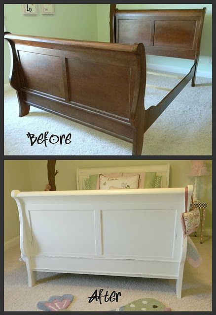 White painted sleigh bed. Maybe I'll do this when I get tired of my sleigh bed.. hmm. Painting Bed Frame White, Cream Sleigh Bed, Painting A Bed Frame, Painting Bed Frame, Sleigh Bed Makeover, Cherry Sleigh Bed, Sleigh Bed Painted, White Sleigh Bed, Cherry Bedroom Furniture