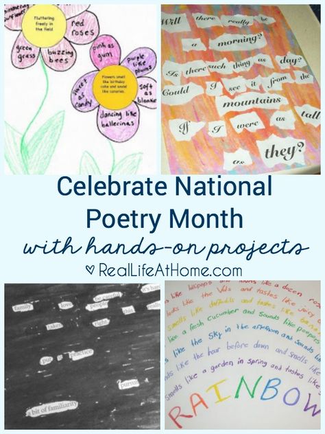 A fun variety of hands-on poetry projects for children (or adults!) in celebration of National Poetry Month - or for use any time! Poetry Crafts For Kids, Poetry Month Activities, April Poetry, Poetry Cafe, Poetry Crafts, Spring Library, Ela Stations, Poetry Books For Kids, Poetry Club