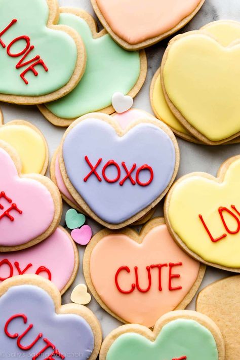 Flavorful Cookies, Zero Talent, Ella Vegan, Heart Shaped Sugar Cookies, Heart Candies, Pink Champagne Cake, Sallys Baking, Heart Sugar Cookie, Conversation Hearts Candy