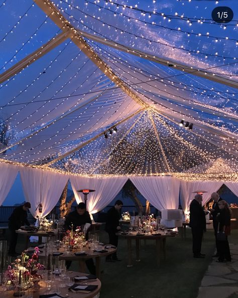 Clear tent with lights is a must! Clear Tent With Lights Wedding, Lights Inside Tent Outdoor Weddings, Party Tent With Lights, Clear Canopy With Lights, Bistro Lights Tent, Wedding Reception Ideas Tent, Clear Tent Lighting, Indian Tent Wedding, Clear Wedding Tent Decorations