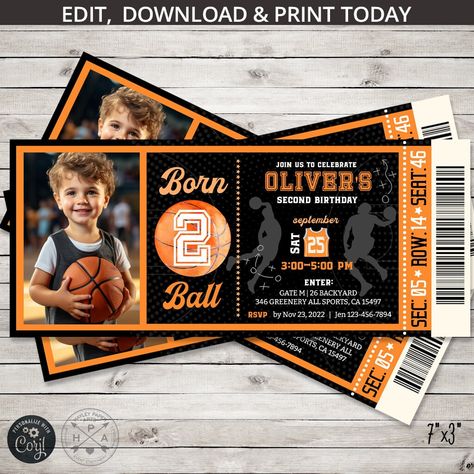 Born Two Ball, Basketball Invitations, Birthday Ticket, 2 September, Ball Games, Basketball Birthday, Ball Birthday, Diy Event, Party Stationery