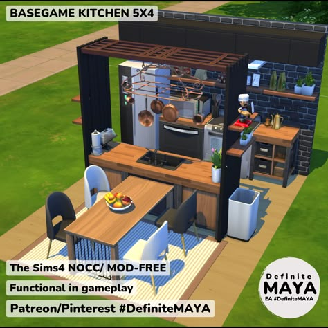 NOCC/ Mod-Free/ Functional in gameplay ***Download from EA gallery #DefiniteMAYA *** Support me on Patreon *** Base Game Sims 4 Houses Interior, Sims 4 Kitchen Ideas Base Game, Sims 4 Patio Ideas, Kitchen Ideas Sims 4, Sims4 Houses, Sims4 Ideas, Minecraft Kitchens, Sims Rooms, Sims Freeplay Houses