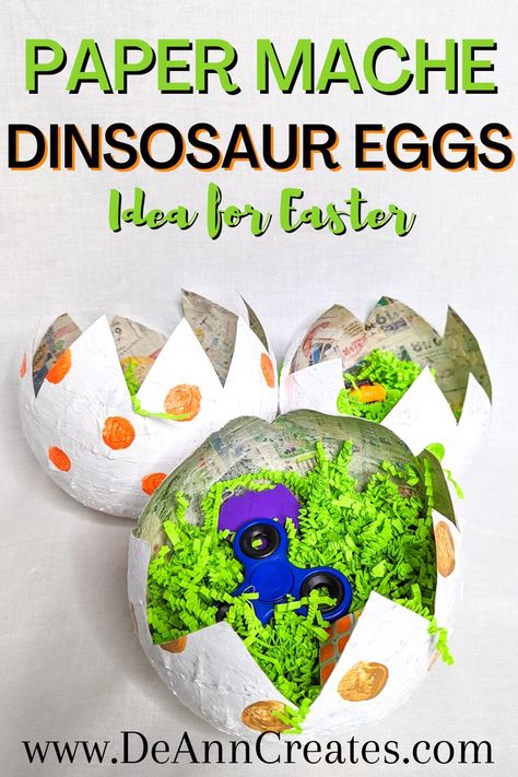 This tutorial will show you how to make DIY paper mache dinosaur eggs that you can use as an Easter Basket. This is a fun craft you can do yourself or with your kids. If your kid loves dinosaurs then this dino craft is perfect for you. #PaperMache #DinosaurEggs #DIY How To Make Large Dinosaur Eggs, Paper Mache Easter Basket, Diy Dinosaur Eggs, Paper Mache Dinosaur, Dino Crafts, Dinosaur Easter Basket, Kids Crafts Ornaments, Dinosaur Week, Dino Craft