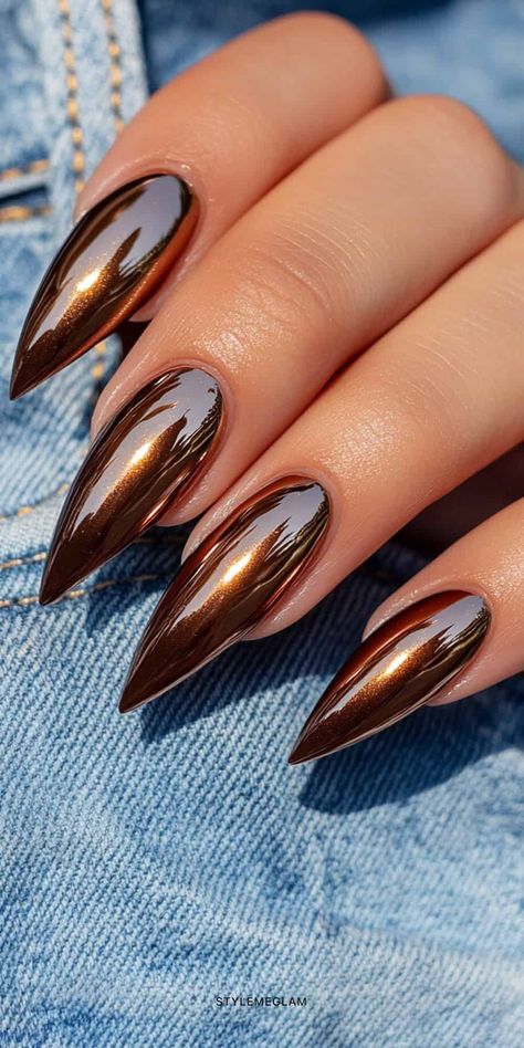 31 Popular Fall Nail Ideas that Scream Cozy Autumn Vibes Fall Orange Nail Colors, Fall Mustard Nails, Fun Fall Nails Acrylic, Fall Fingernail Designs Autumn, Fall Copper Nails, Fall Nail Designs Stiletto, Copper Fall Nails, Fall Color Nails Gel, Fall Long Nails Ideas