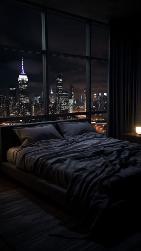 Penthouse Bedroom Aesthetic, Dark House Aesthetic, Dark Modern Bedroom, Bedroom Aesthetic Dark, Dark Bedroom Aesthetic, Penthouse Bedroom, Bedroom Aesthetic Cozy, Black Room Decor, Stylish Bedroom Decor