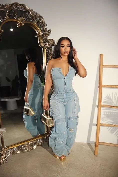 Birthday Denim Outfit, Poses With Jumpsuit, Denim Outfit Ideas Black Women, Jorts And Heels Outfit, Denim Birthday Outfit Black Women, Jean Two Piece Outfit Black Women, Two Piece Jean Outfit, 2 Piece Jean Outfit, All Denim Outfits For Black Women