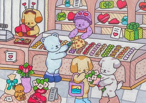 Bobbie goods candy shop 🤍 everything is free 🍩🍬💕 Bobbie Goods Valentines, Candy Art Drawing, Colouring Aesthetic, Finished Bobbie Goods Coloring Pages, Bobbi Goods, Valentines Bakery, Candy Aesthetic, Chocolate Stores, Bobbie Goods