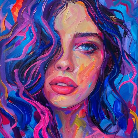 Abstract Hair Painting, Crazy Abstract Art, Color Portrait Painting, Colorful Portrait Painting, Oil Pastel Portrait, Self Portrait Painting, Monochromatic Art, Abstract Portrait Painting, Painted Faces