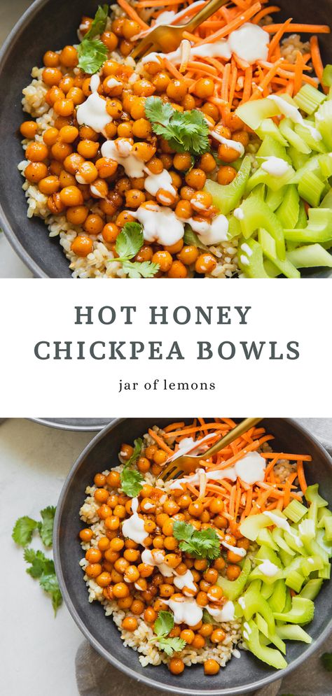 Hot Honey Chickpea Bowls that are the perfect balance of sweet, spicy, and savory! Loaded with flavor and nutrition, these hearty bowls make for a delicious lunch or dinner recipe. They're also great for prepping in advance and taking on-the-go. Make this easy vegetarian recipe in 20 minutes or less for a meal that everyone will love! Roasted Chickpea Bowls, Chick Pea Rice Bowl, Hot Honey Bowl, Chickpea Lunches, Chickpea Bowl Recipes, Hot Honey Salad, Chickpea Lunch Ideas, Wfpb Bowls, Chickpea Dinner Recipes