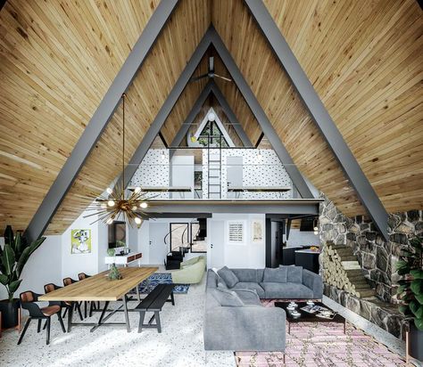 A-frame Interior, Modern Cabin Interior, A Frame Cabin Plans, Triangle House, A Frame Cabins, A Frame House Plans, Casa Container, A Frame Cabin, A Frame House